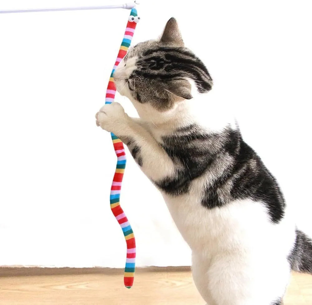 Cat teaser wand toy with a long plush strip and bell on a polycarbonate pole.