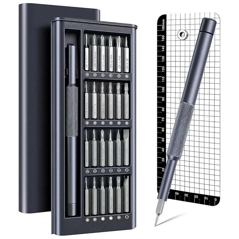 Compact 25-in-one magnetic screwdriver set with knurled handle and bits stored inside.