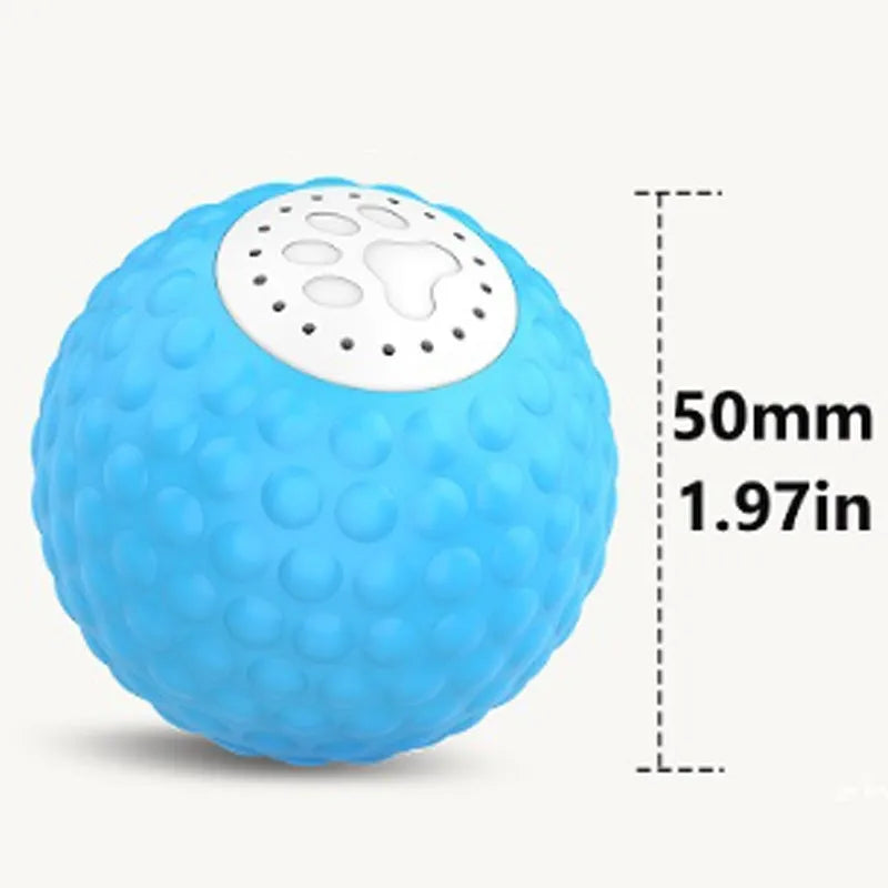 Blue remote control cat toy ball on a wooden floor next to its remote.