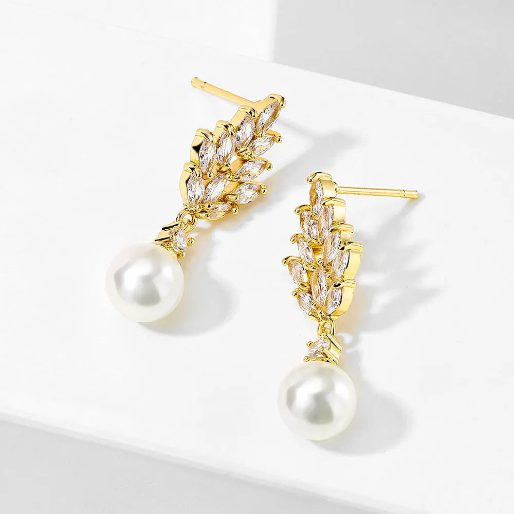 Geometric pearl earrings with micro inlaid zircon and flower design in gold plating