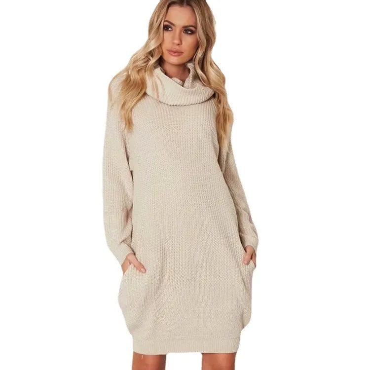 Women's lapel-collar pullover sweater in acrylic fibre with side pockets, shown in apricot colour