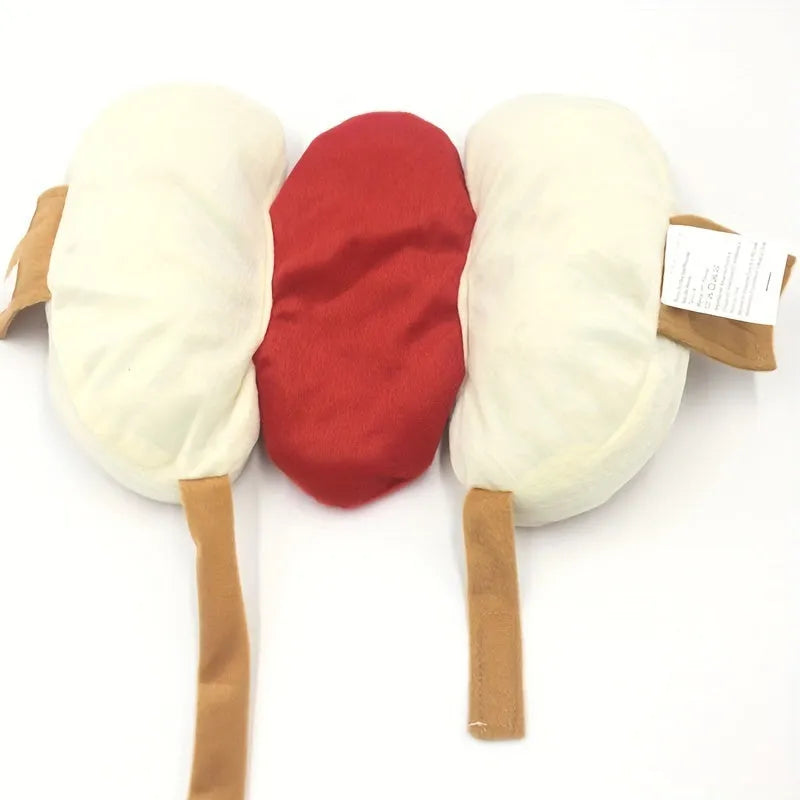 A dog wearing a stuffed polycotton hot dog costume suit for parties.