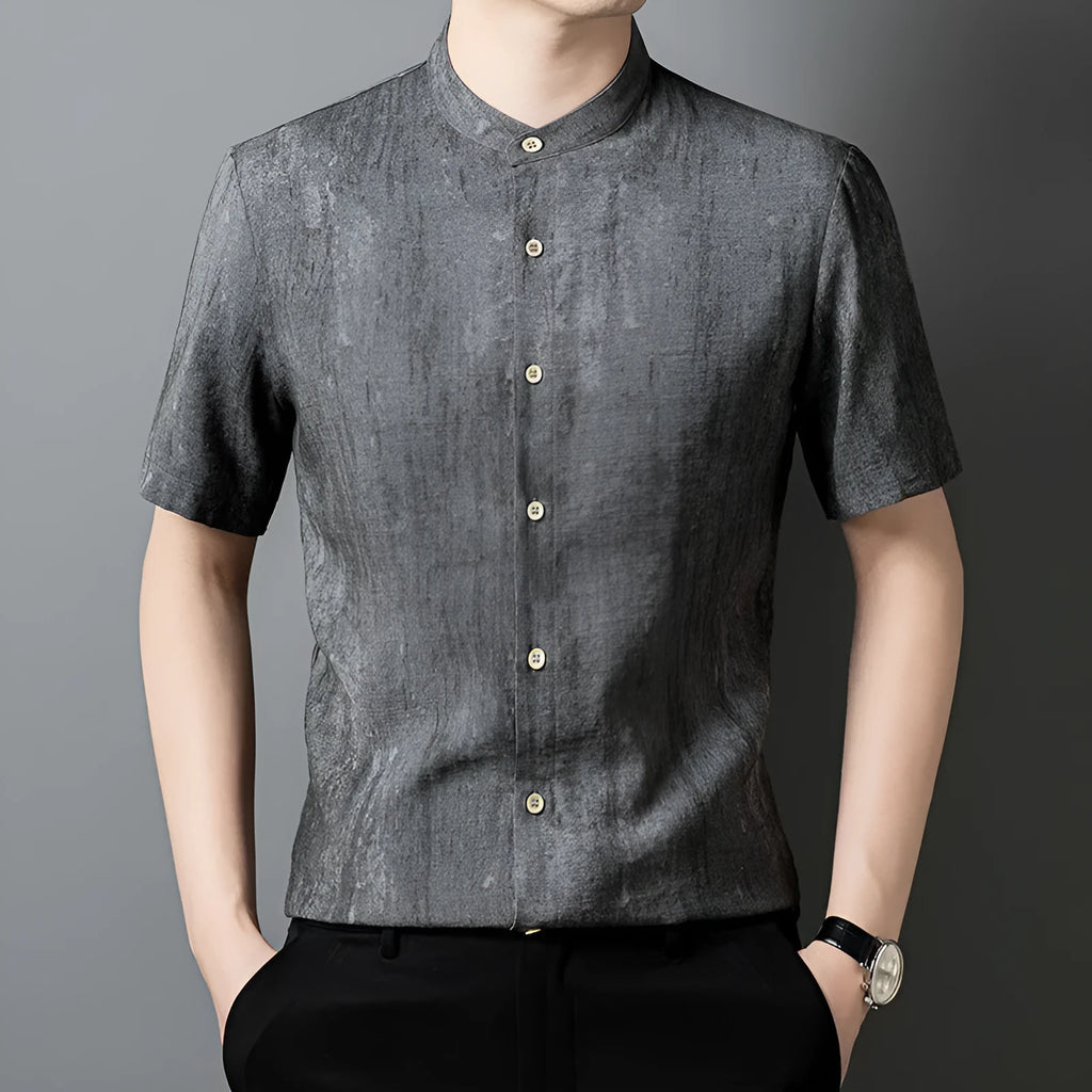 Men's loose fit cardigan shirt with stand collar in solid grey colour