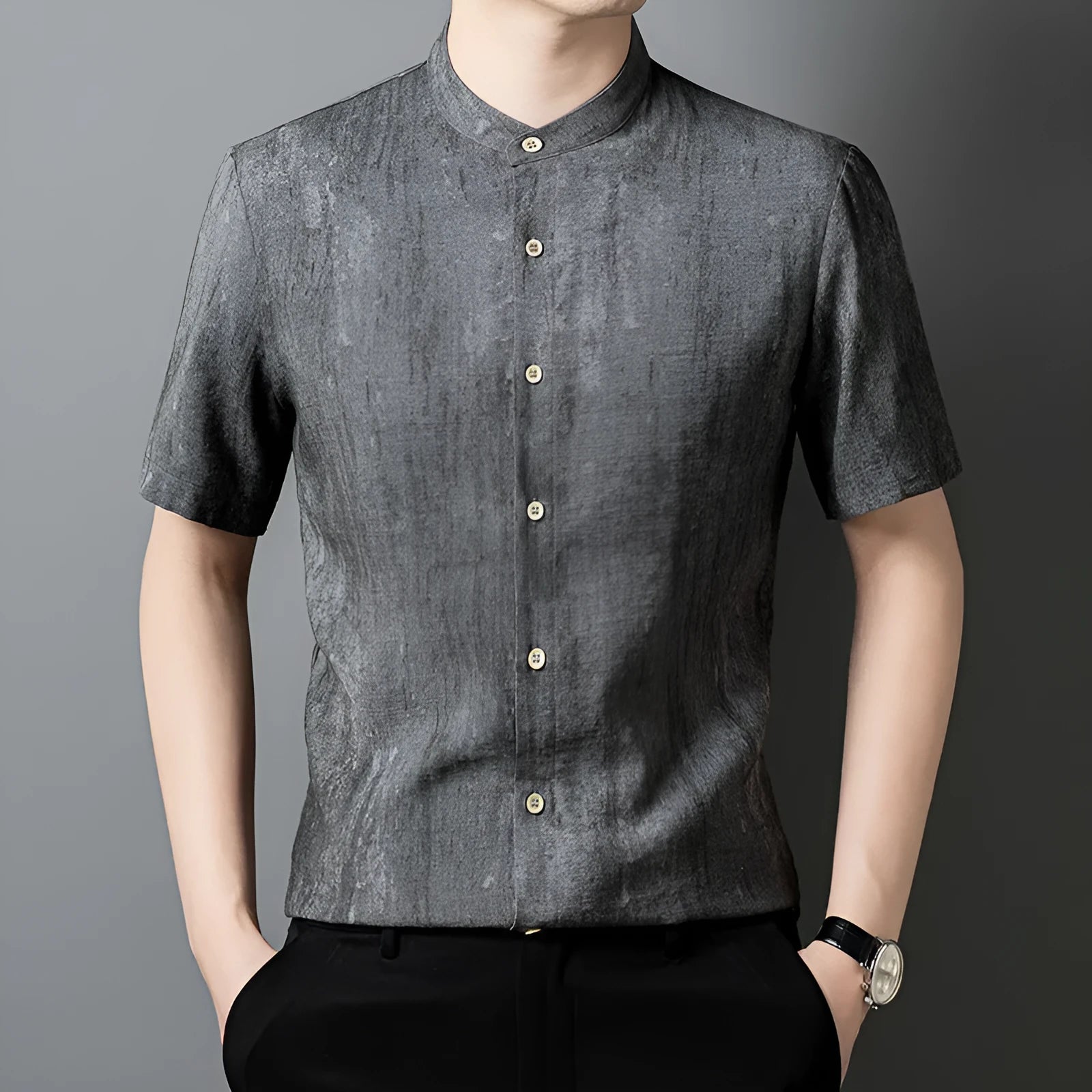 Men's loose fit cardigan shirt with stand collar in solid grey colour