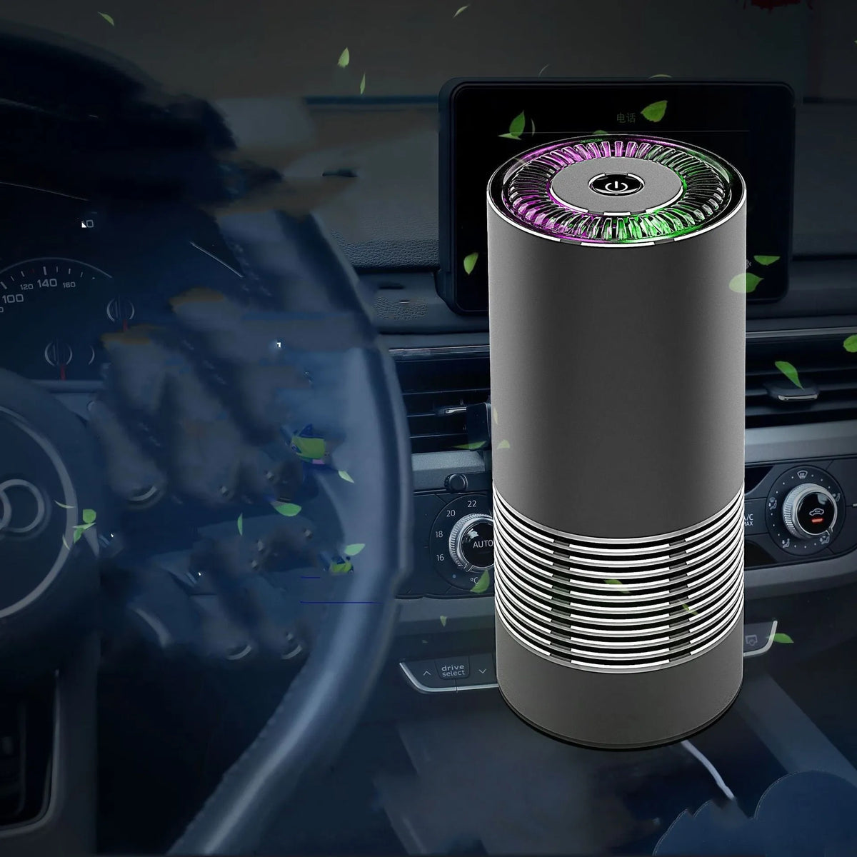 Compact cylindrical car air purifier in metallic grey with USB cable, shown next to a car vent for scale.
