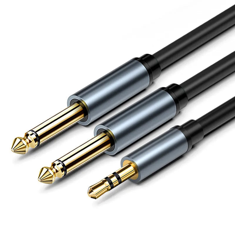 3.5mm to 6.5mm male-to-male audio cable with gold-plated connectors on a black background.