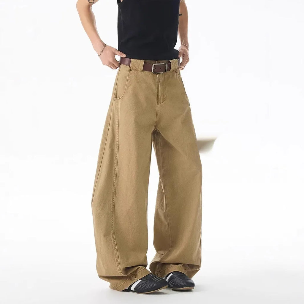 Men's brown loose fit straight leg jeans with cardigan button fly and Korean style design