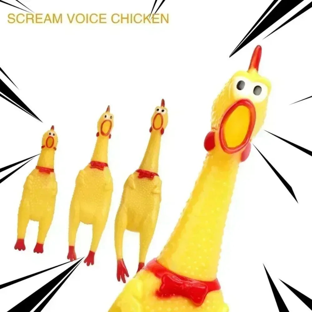Yellow rubber screaming chicken dog squeak toy shown in three different sizes: small, medium, and large.