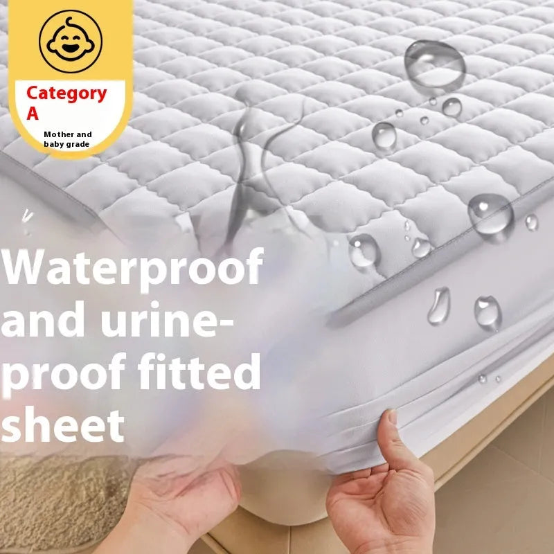 Class A waterproof washed cotton fitted bed sheet shown in light grey, fitted over a mattress.
