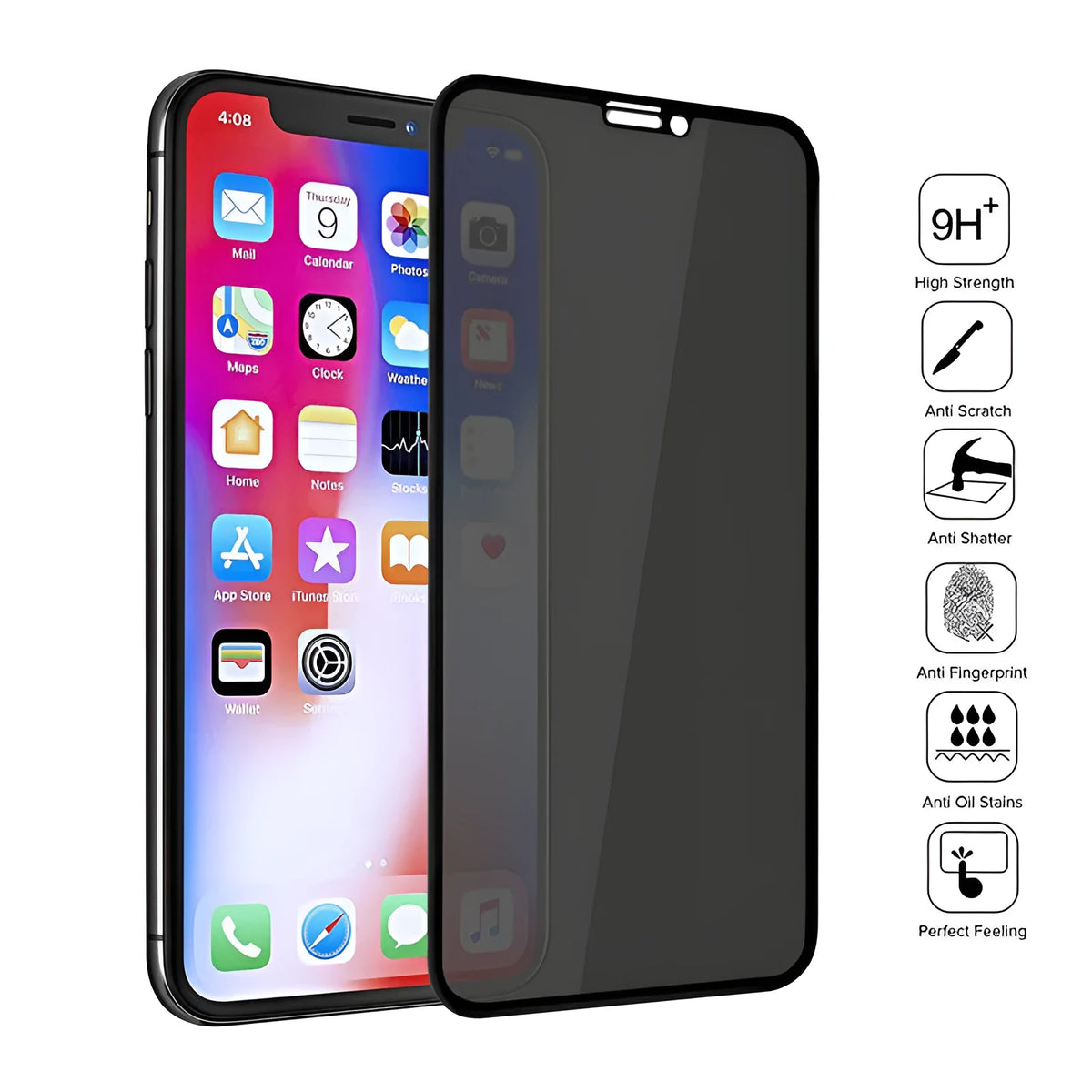 Anti-peeping tempered glass iPhone screen protector in black colour for privacy protection