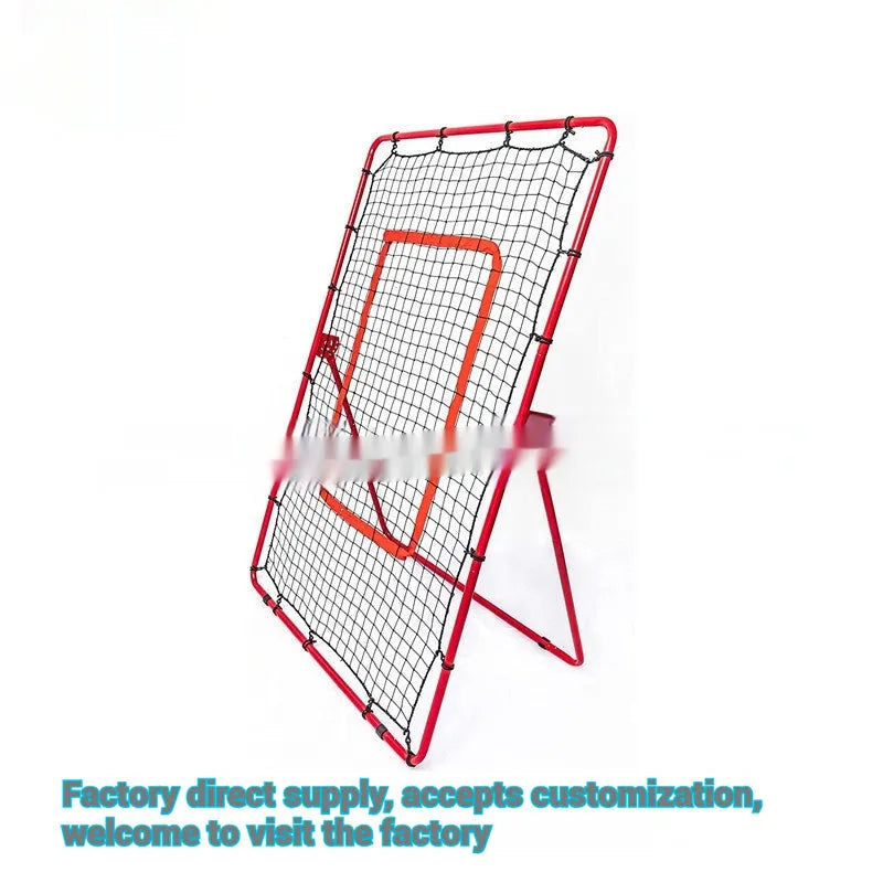 Red portable baseball training net with metal frame set up for catching practice
