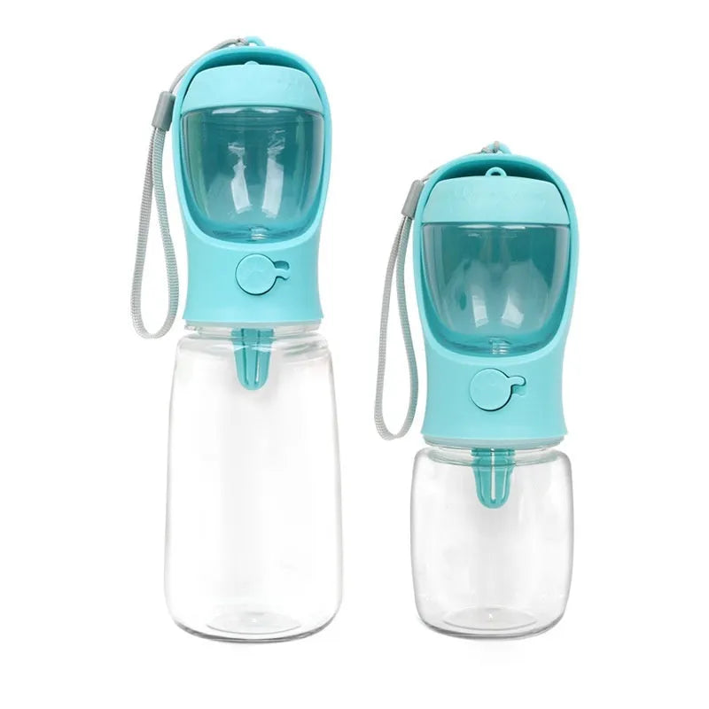 Blue dual-use dog drinking cup with split compartment for water and food.