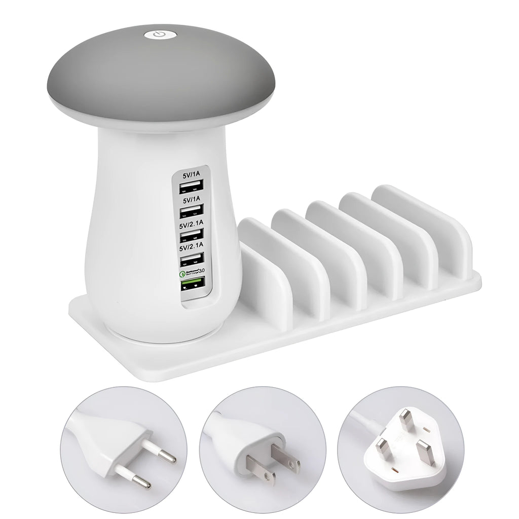 White Besegad mushroom-shaped USB charging dock station with five ports and integrated LED desk lamp.