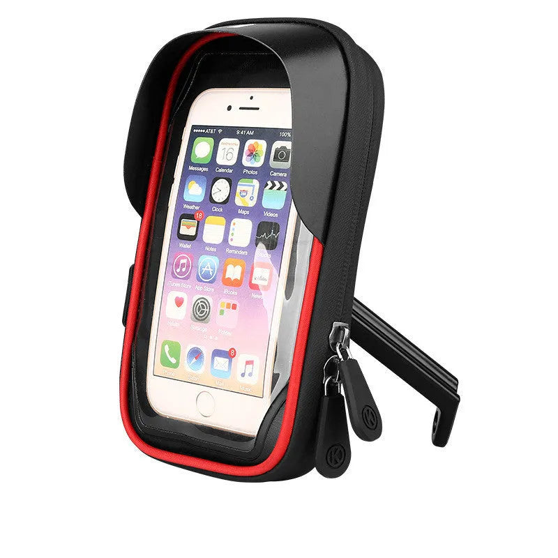 TPU waterproof mobile phone stand mounted on bicycle handlebar with phone visible through touchscreen layer