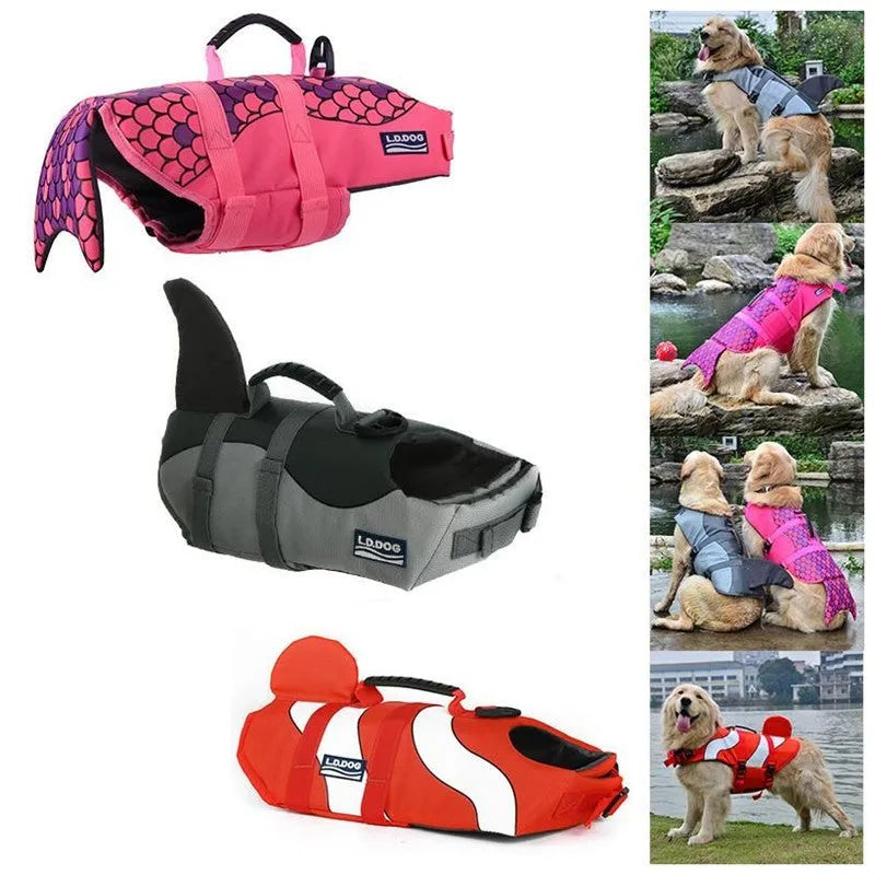 Dog life jacket swimming vest in Oxford cloth and cotton, sizes S M L, shark or mermaid style, dark brown pink red.