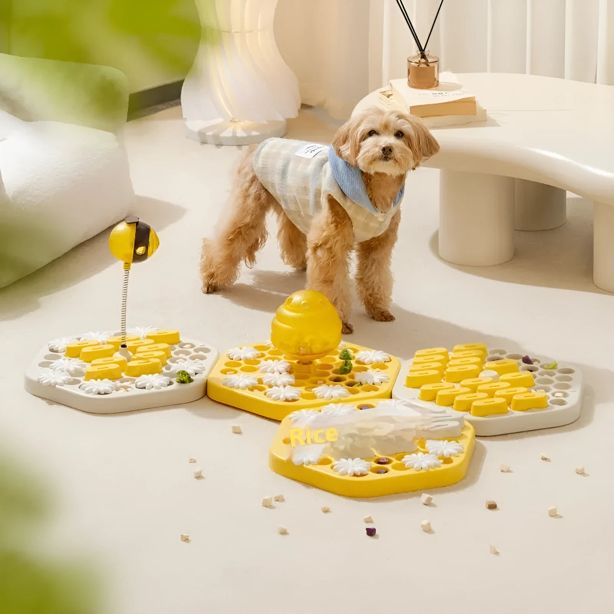 Honeycomb puzzle dog slow feeder in medium yellow or grey white plastic pet toy