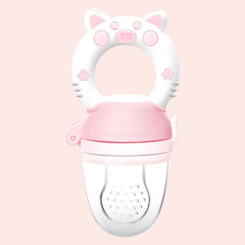 Silicone baby teether in blue, green, or pink with textured mouthpiece for infant gum relief