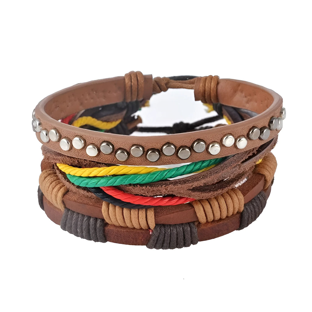 Hand-woven multilayer leather bracelet with wooden beads and adjustable vintage punk design
