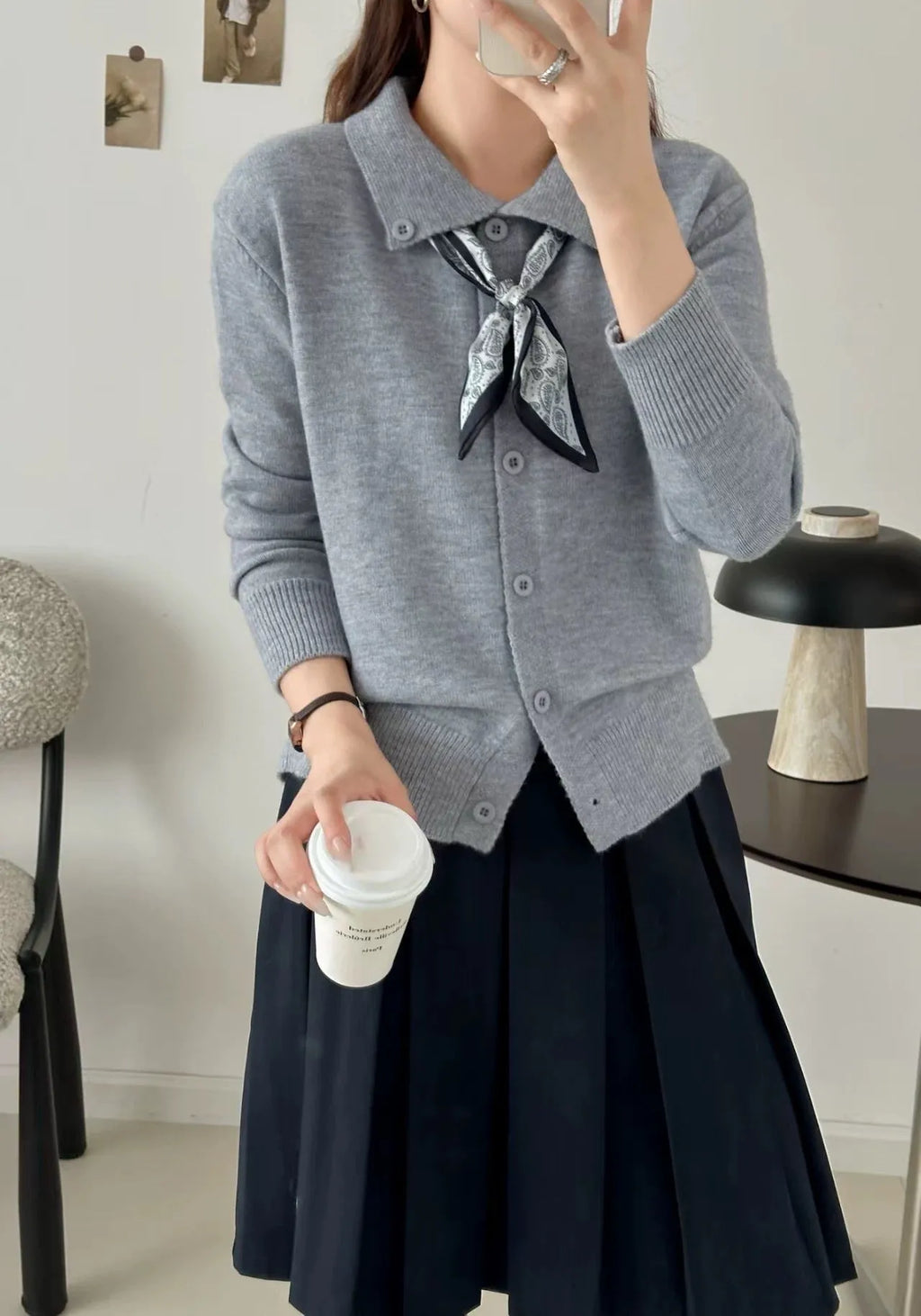 Lapel scarf sweater cardigan in acrylic fibre with built-in scarf detail