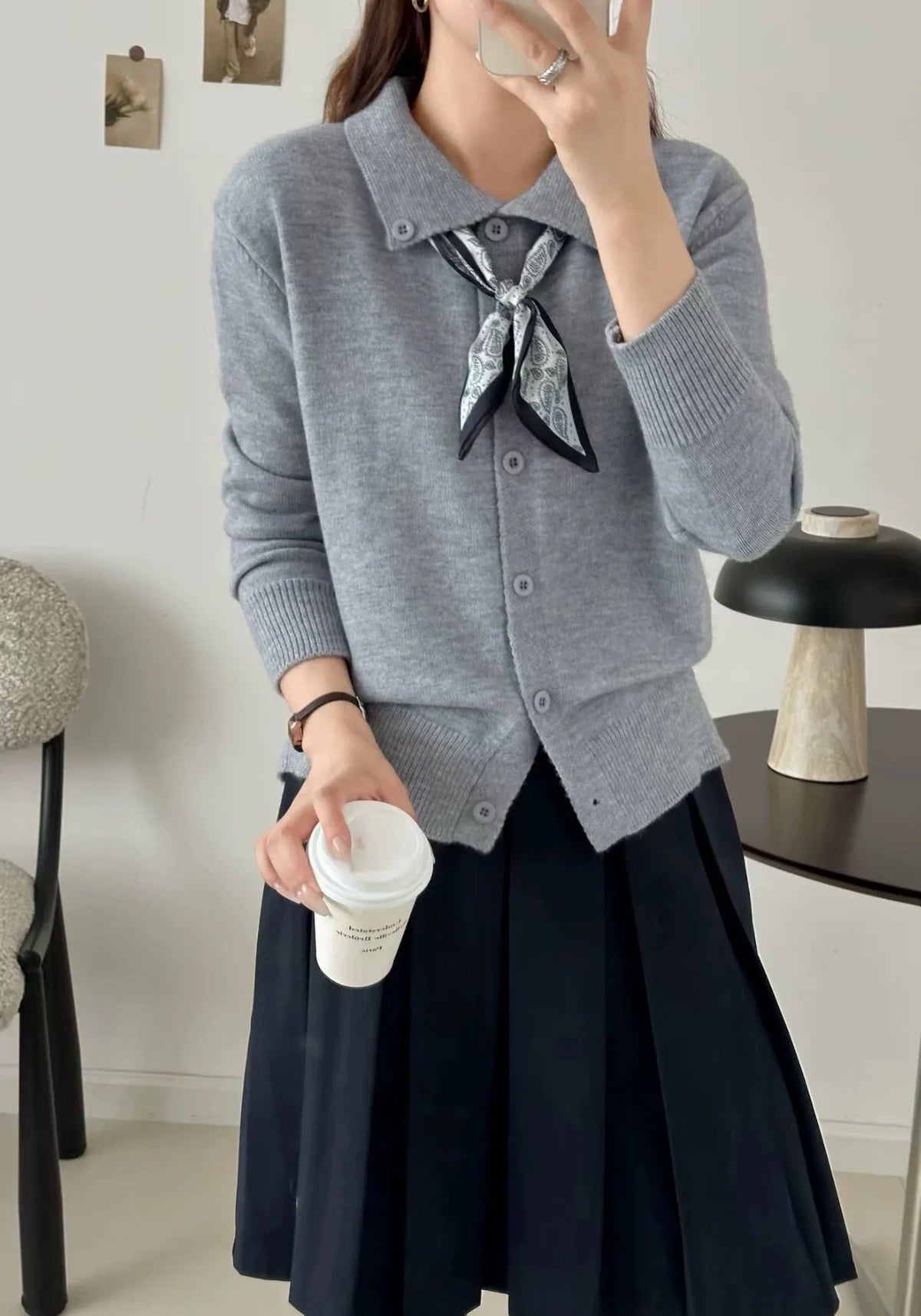Lapel scarf sweater cardigan in acrylic fibre with built-in scarf detail