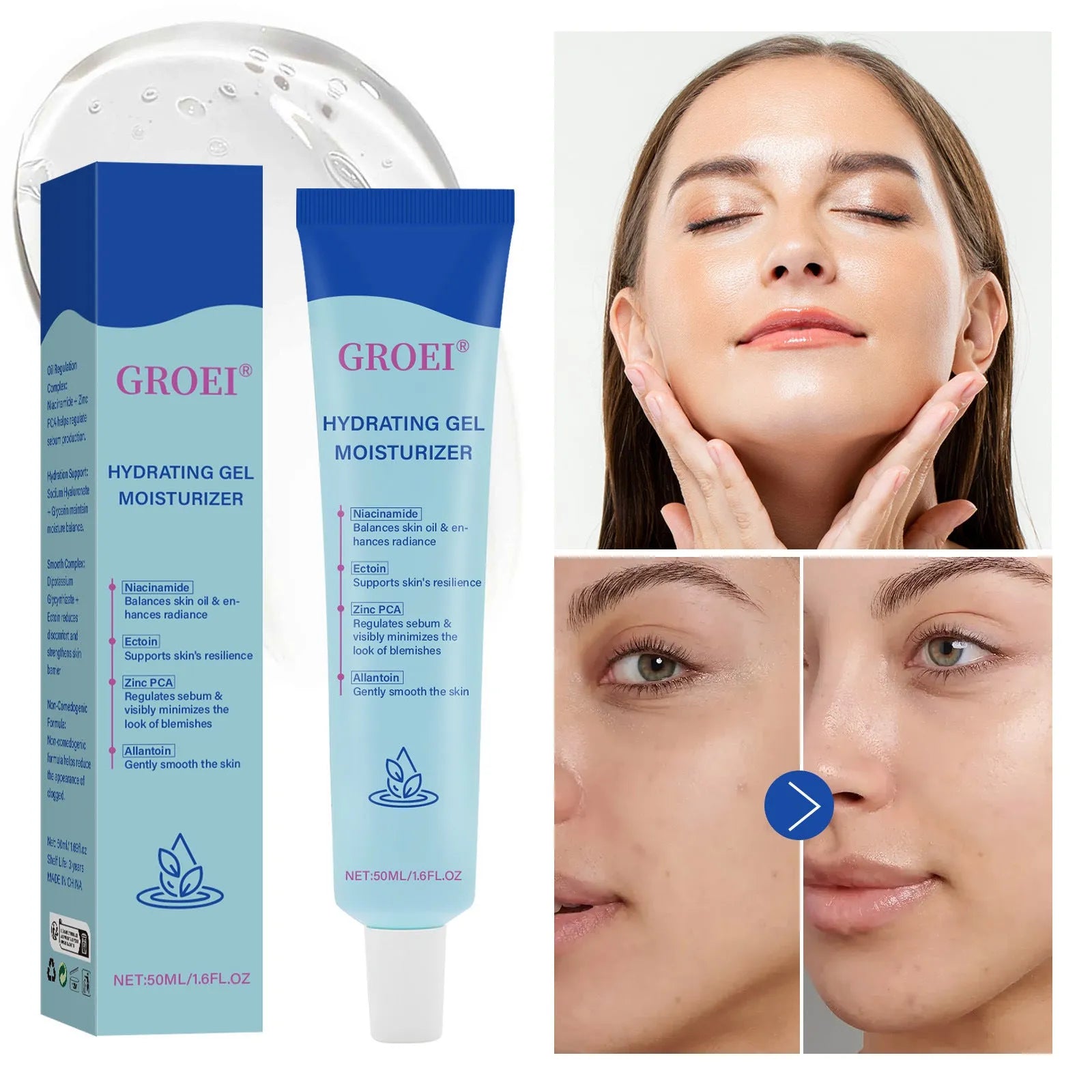 50ml bottle of hyaluronic acid moisturising facial gel for skin hydration