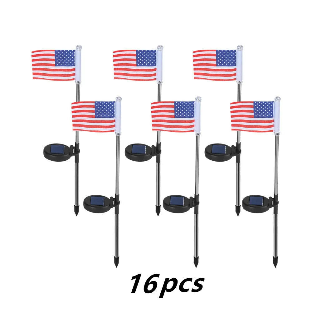 Solar-powered garden flag light with stainless steel pole displaying American or British flag design