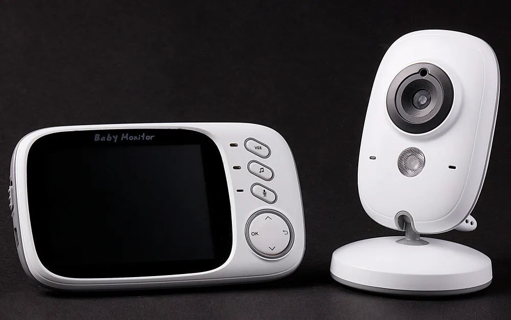 VB603 digital baby monitor showing parent unit with 3.2 inch screen and separate camera with night vision LEDs.