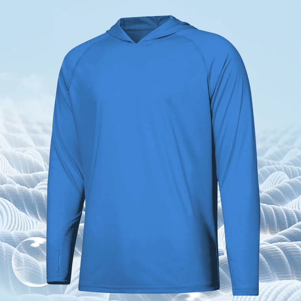 Man wearing a thin grey long sleeve hooded outdoor top for UV protection during fishing or hiking.