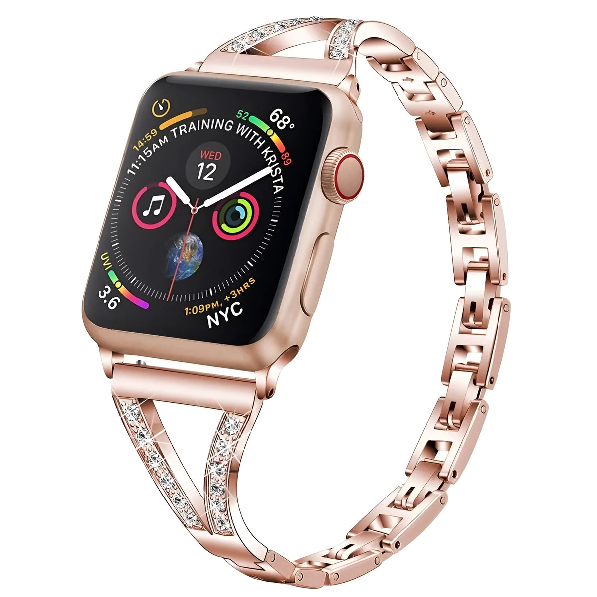 Stainless steel watch band with diamond studs in rose gold, shown detached from a watch.