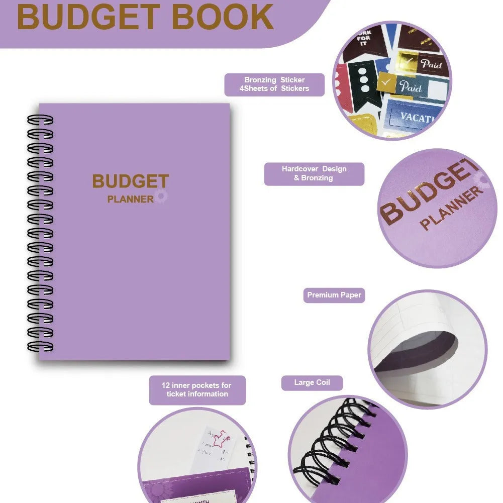 Purple coil-bound budget planning notebook with pen, stickers, and paper clips for financial organisation