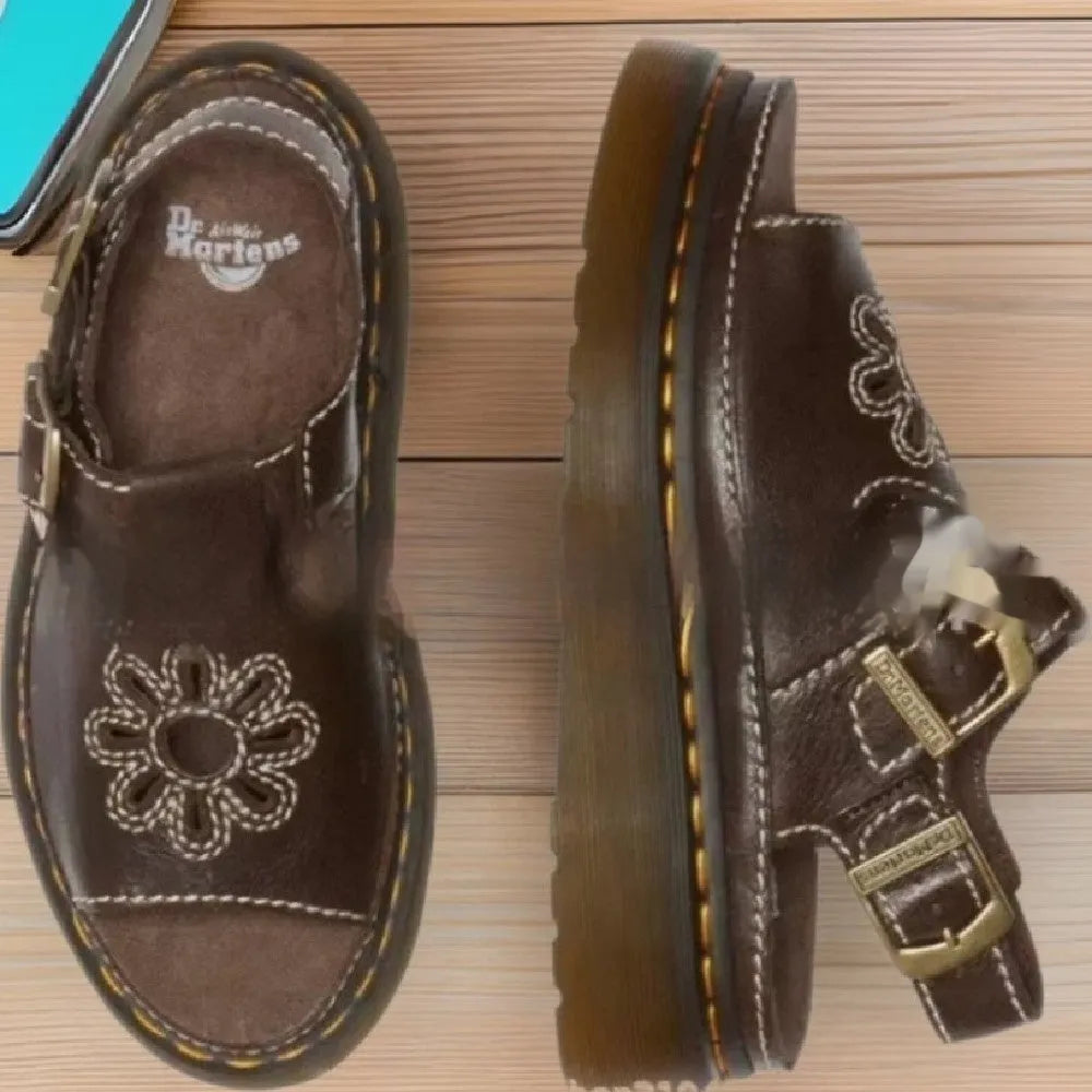 Men's black embroidered beach sandals with floral pattern and flat heel