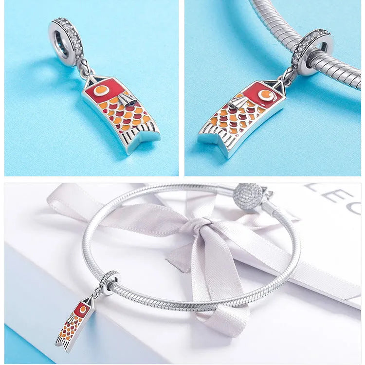 S925 sterling silver carp streamer pendant necklace with zircon stone on a chain.