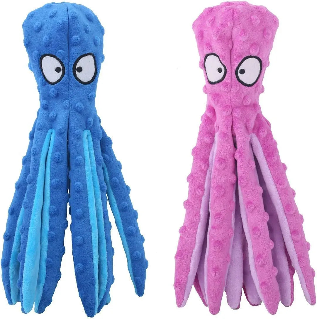 Blue unfilled octopus plush dog toy with crinkle and squeaker sounds on a white background.