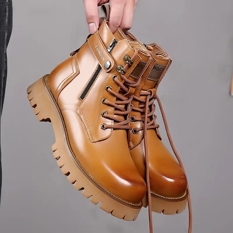 Men's thick-soled high-top Martin boots with side zipper in light brown colour showing cowhide upper and stitching detail