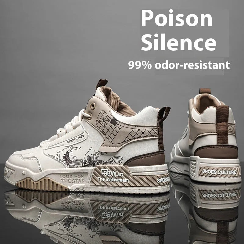 Men's beige, white, and blue high-top board shoes with flat rubber soles and lace-up front