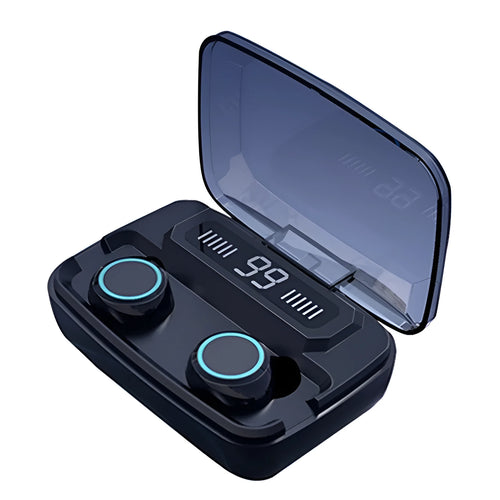 Black M11 style Bluetooth wireless earbuds with charging case showing digital display