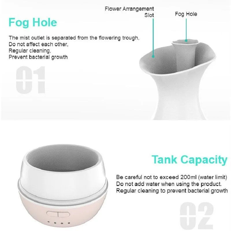 White or pink ultrasonic aromatherapy vase humidifier with colourful night light and essential oil diffuser