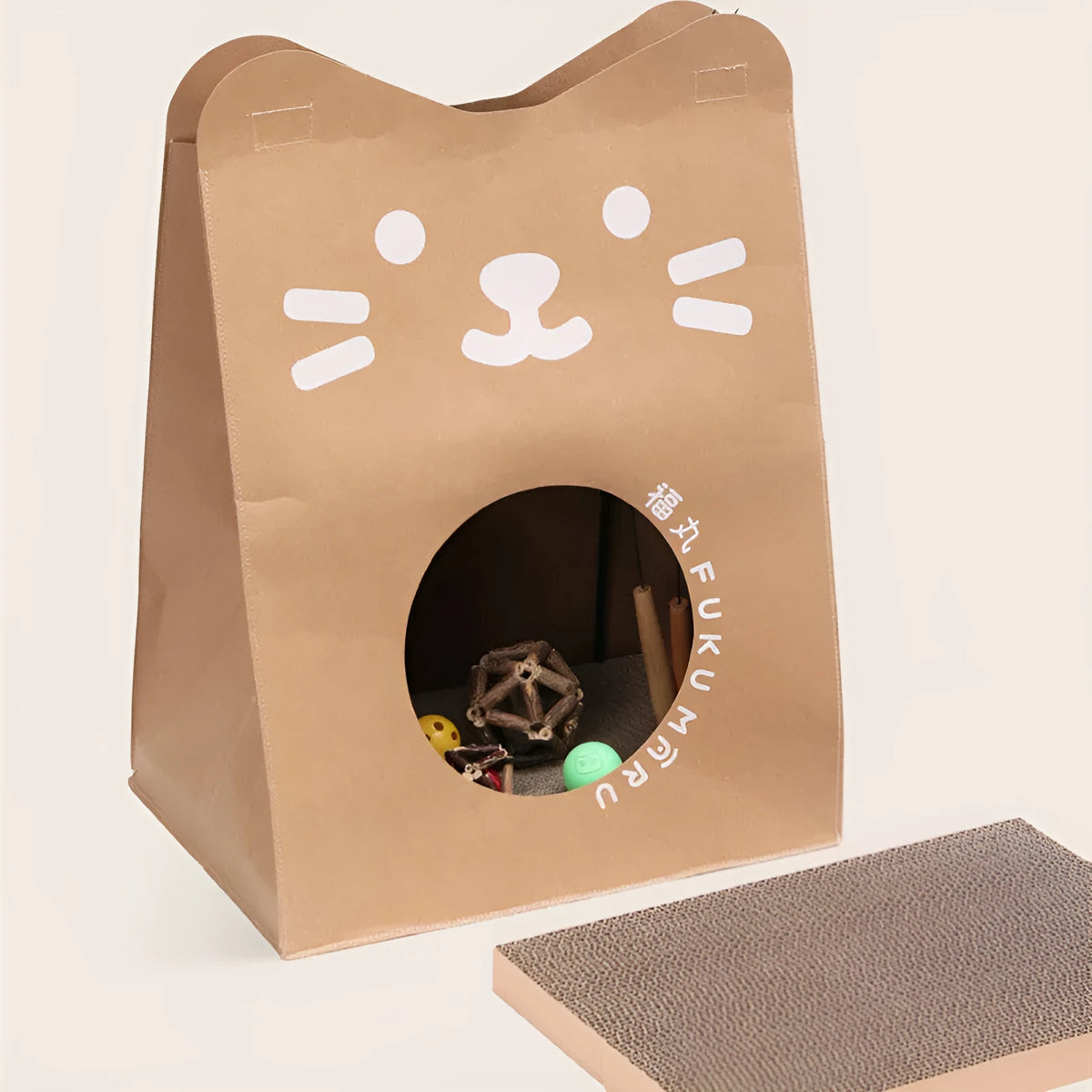 Brown integrated cat nest and scratch board unit made from washable kraft paper.