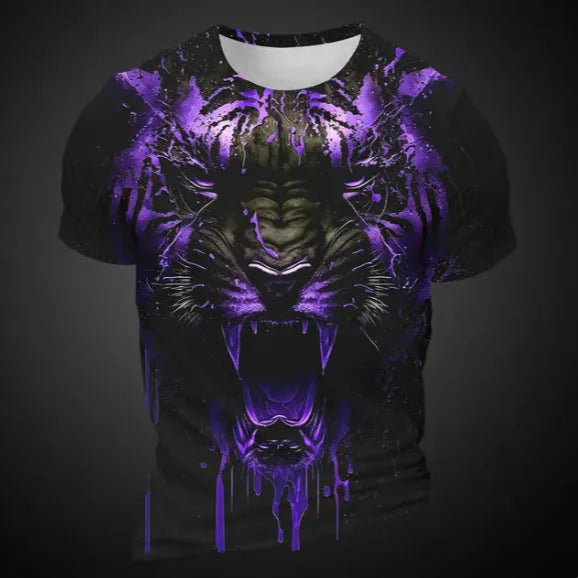 Men's short sleeve T-shirt with 3D tiger pattern digital print on thin polyester bird eye cloth