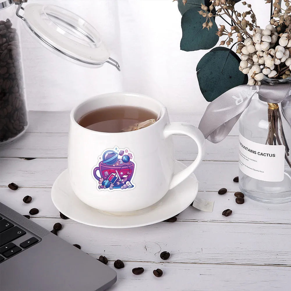 50 colourful tea cup graffiti waterproof stickers with Nordic style design for DIY luggage and scooter decoration