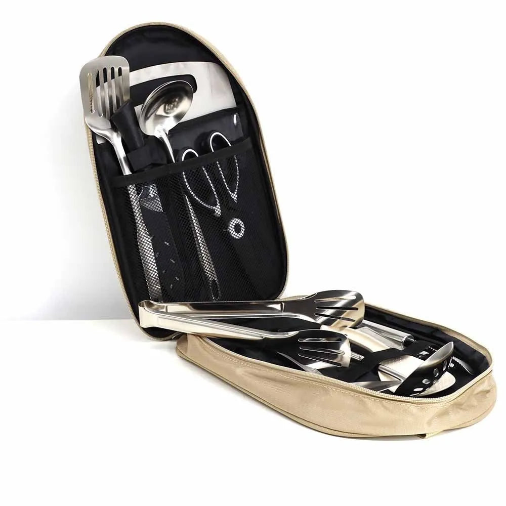 12-piece stainless steel portable kitchenware set with storage bag in khaki, green or brown colours
