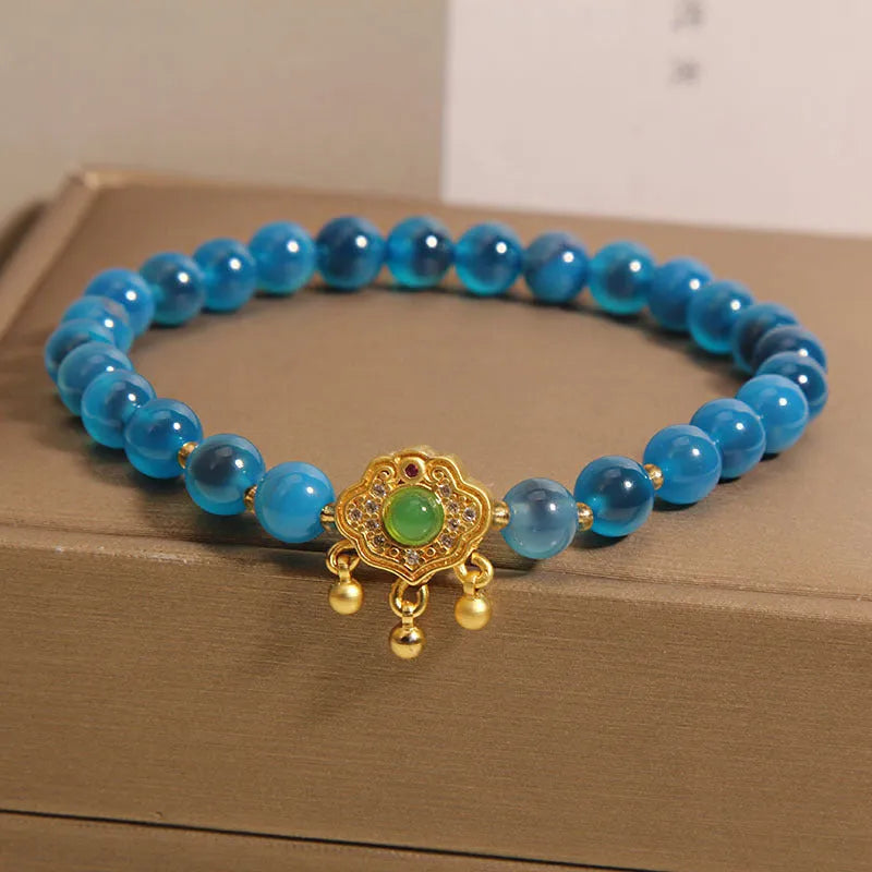 Blue sugar heart agate safety lock pendant bracelet for women with crystal construction and alloy inlay