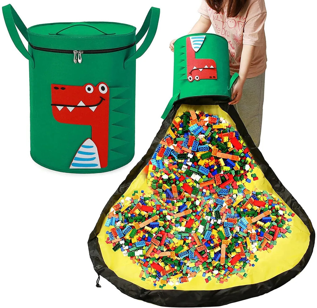 Green felt cube storage bag with pull rope, laid flat as a play mat