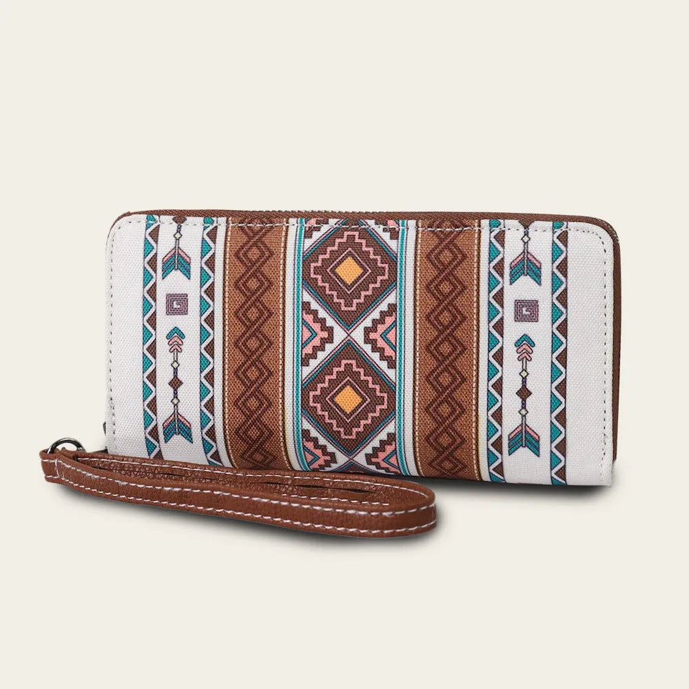 Bohemian stripe pattern canvas RFID-blocking wallet in multiple colour options measuring 20x10x2 cm