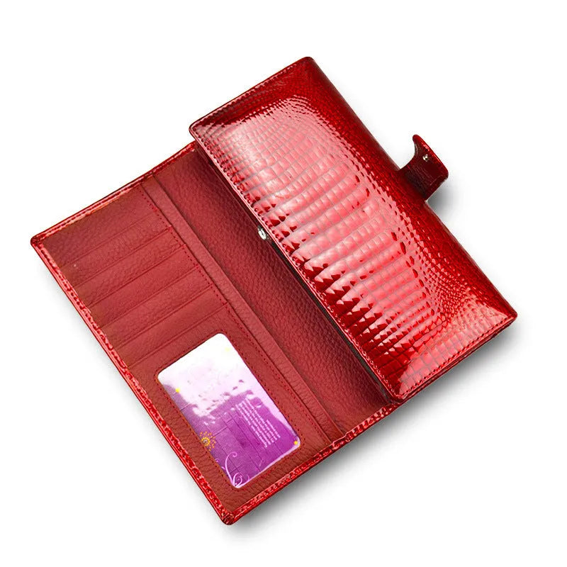 Women's genuine leather coin purse with crocodile pattern texture in wine red, black, and red colour options
