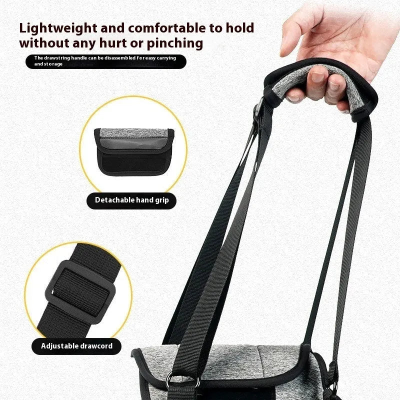 Grey neoprene recovery support belt for a dog's injured rear leg on a size chart.