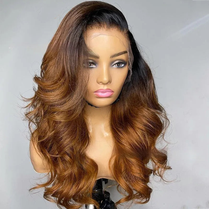 A human hair lace front wig in a Ruili gradient colour, displayed on a wig stand