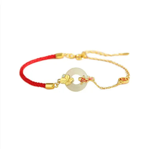 Women's gold electroplated 925 silver bracelet with red rope, koi and peace bucket charms, zodiac animal design