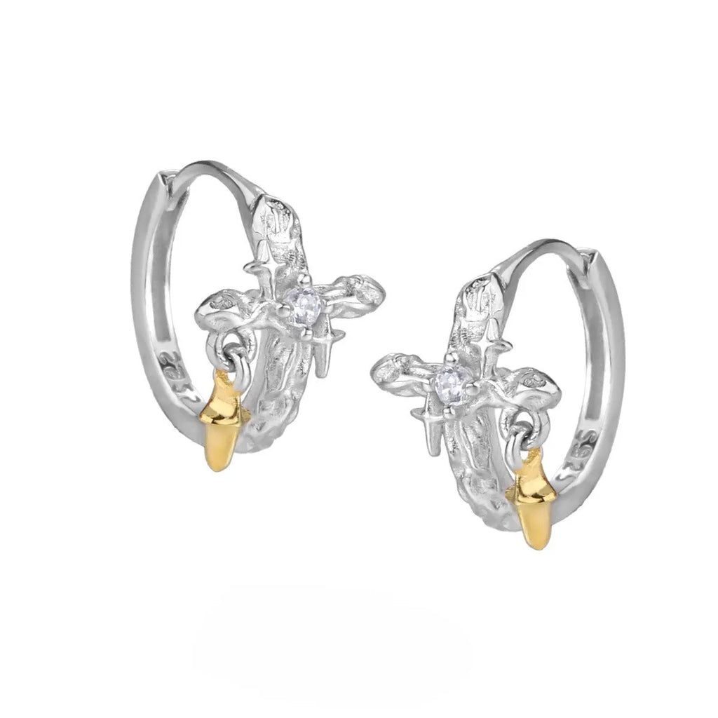925 sterling silver geometric cross earrings with electroplated white gold finish and round elements