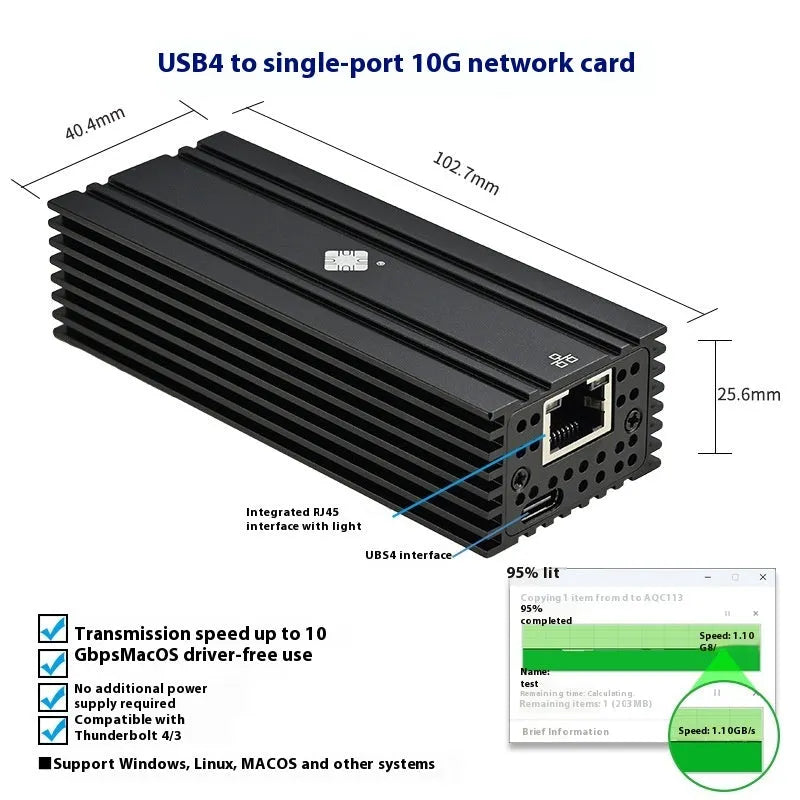 Black Leyu USB4 to 10 Gigabit Ethernet network adapter with RJ45 port and short cable